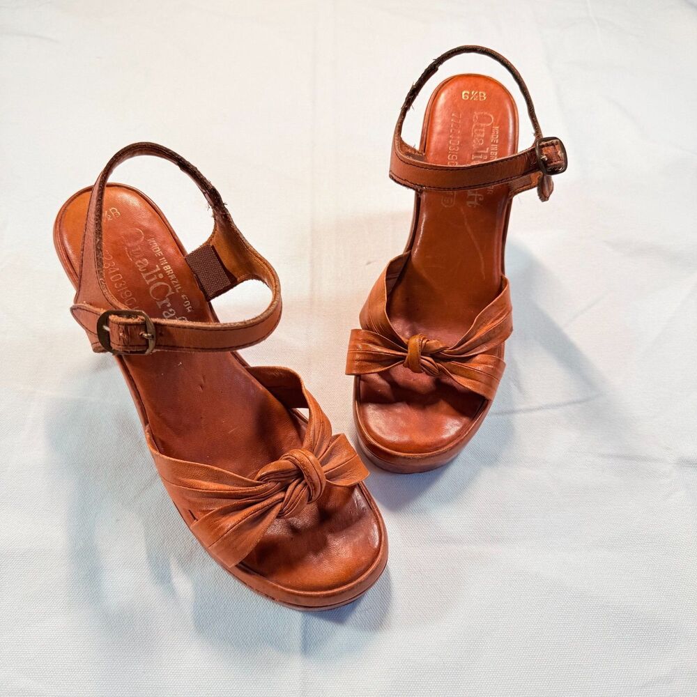 Vintage QualiCraft Platform Clog Heels 6.5 B Tan Leather Knot Bow Brazil 70s Ret